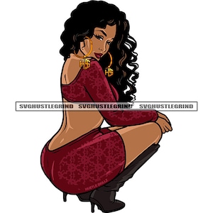 Sexy Melanin Woman Squatting High Heels Boots Red Sexy Outfit Curly Hair Latina Nubian Exotic SVG Vector Cut Files PNG JPG Cricut Silhouette