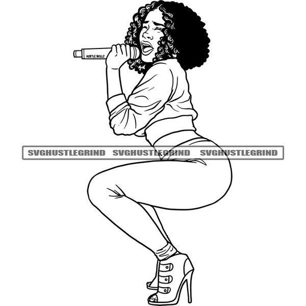 Melanin Female Singer Singing Microphone Wavy Hair Music Stage Outline Silhouette B/W SVG Vector Cutting Files PNG JPG Cricut Silhouette