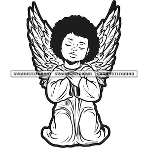 Angel Baby Boy Praying Pray Prayers Statue Afro Hair Begging God Lord Wings Fairy B/W SVG Vector Cutting Files PNG JPG Cricut Silhouette