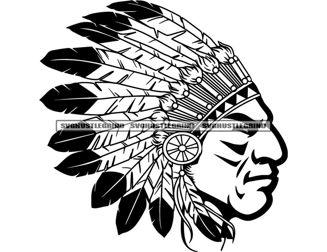 Native American Chief Warrior Headdress Feathers Face Paint Indian Graphic Grind B/W SVG Vector