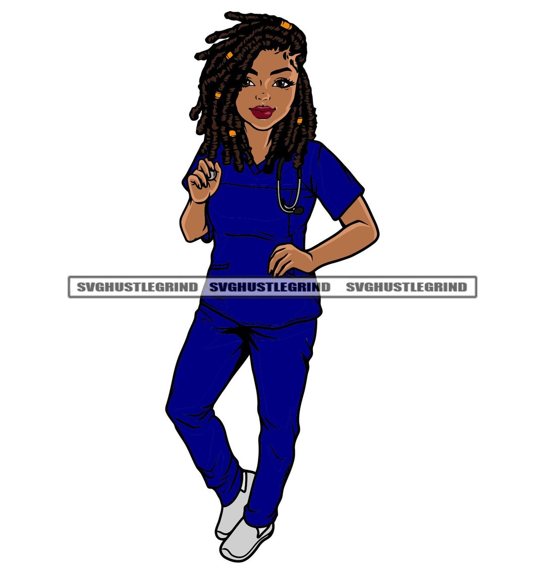 Black Woman Dreads Locs Royal Blue Scrubs Hospital Medical Stethoscope