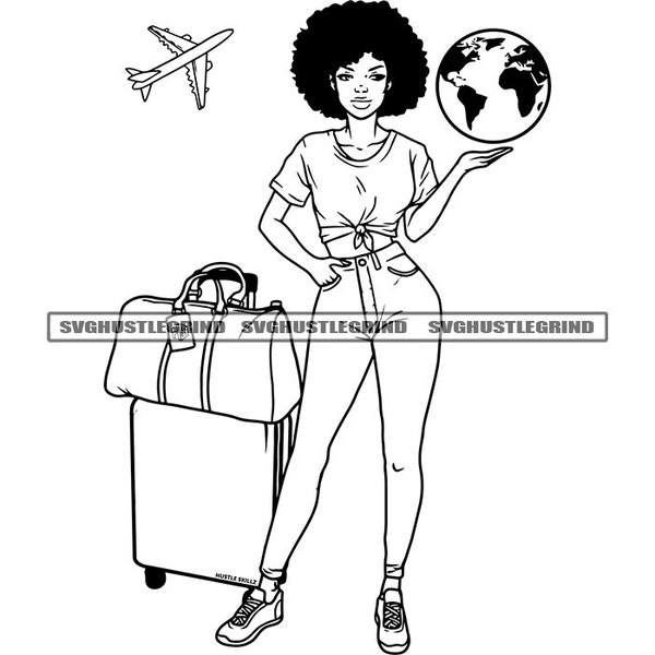 World Traveler Avion Voyage Bagage Noir Femme Afro Bagages Contour Silhouette B/W SVG Vector Cutting Files PNG JPG Cricut Silhouette