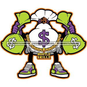 Bank Bag Dollar Sign Sneakers Holding Two Small Green Bank Bags Money Cash Chain Logo SVG Vector Cutting Files PNG JPG Cricut Silhouette