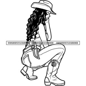 Black Female Cowgirl Cowboy Hat Jeans Knife Boots Belt Wavy Hair Kneeling Outline B/W SVG Vector Cutting Files PNG JPG Cricut Silhouette