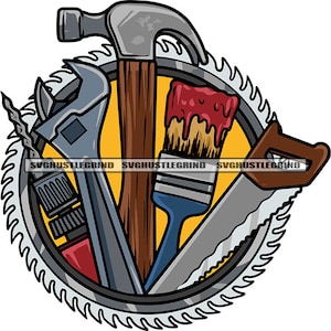 May include: A circular saw blade with a variety of tools arranged around it, including a hammer, wrench, paintbrush, screwdriver, and saw. The tools are all in a cartoon style and are brightly colored.