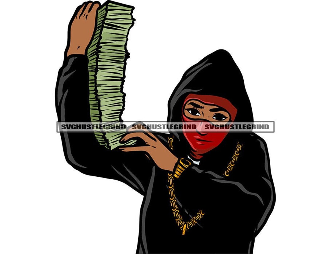 Black Male Black Hoodie Red Hood Mask Holding Stack Armful Cash Money