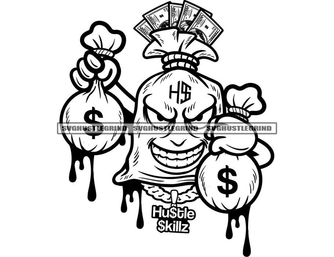 Big Angry Bank Bag Holding Two Smaller Bags Cash Money Chain Dripping