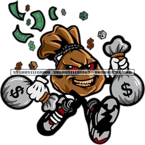 Bank Bag Money Running Two Bank Bags Dollar Bills Cash Sneakers Currency Banker Graphic SVG Vector Cutting Files PNG JPG Cricut Silhouette