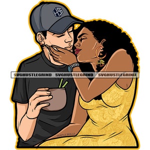 Mixed Couple Man Woman Black White Love Relationship Drinks Kiss Embrace Illustration SVG Vector Cutting Files PNG JPG Cricut Silhouette