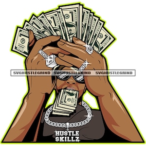 Gangster Man Money Stacks Spreads Cash Dollar Diamond Rings Chain Hustler Bling Grind SVG Vector Layered Cut Files PNG JPG Cricut Silhouette