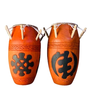 Handcrafted Twin African Cow Skin Drum with Adinkra Symbols  Talking Drum from Ghana  Decorative Tribal Art  Percussion Instrument.
