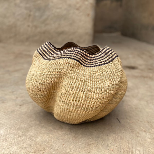 Bolga Basket, African Basket, Handmade Basket, Ghana Basket, Gift for her, Personalized gift, Bassaba Pot Basket, Wavy Flower Pot