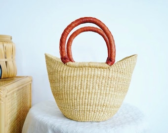 hand woven u shape women straw summer basket bag