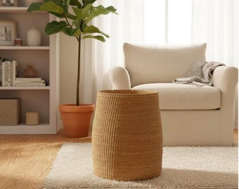 Handwoven Seagrass Storage Basket – Tall Boho Laundry Hamper