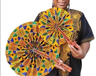 Abanicos plegables con estampado africano al por mayor: Hechos a mano con mango de cuero, juego de 90 unidades.