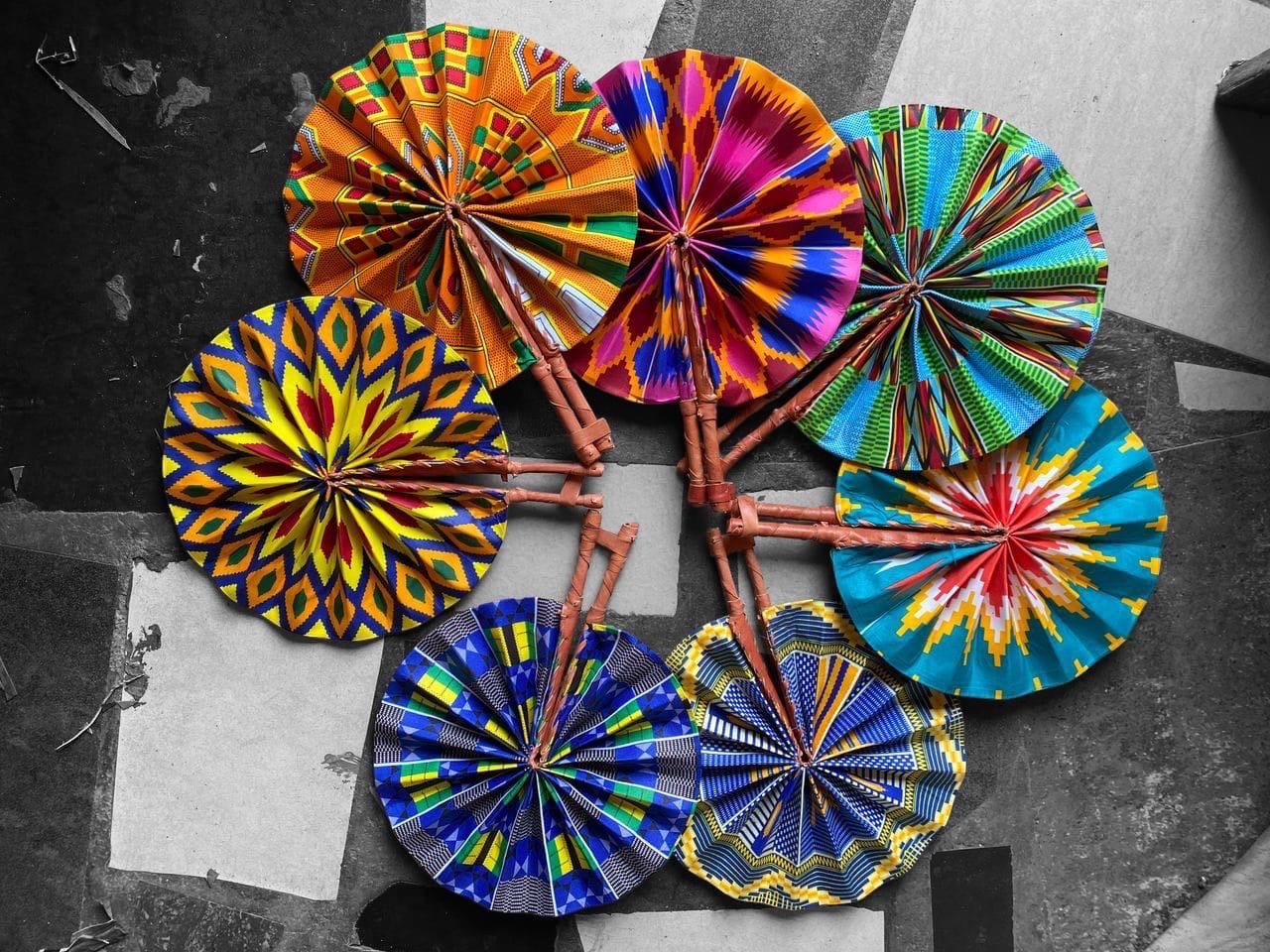 Wholesale African Print Folding Fans: Handmade With Leather Handle, Set of 45 Mix Colors