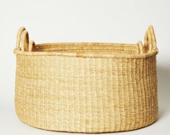 Handwoven Seagrass Basket, Brown Leather Handles, African Storage Bin