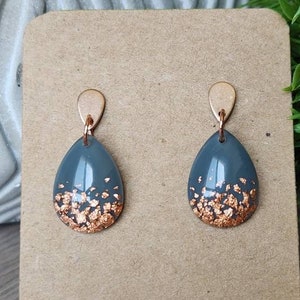 Teardrop Resin Earrings with Stud Setting | Rose Gold Plated Stainless Steel | Gray Blue & Rose Gold