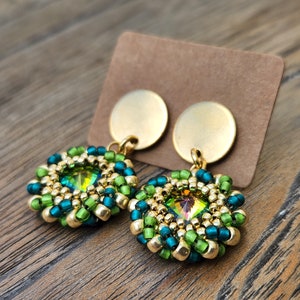 Gold Plated Stainless Steel Swarovski Crystal Earrings with Stud Setting | Green & Gold