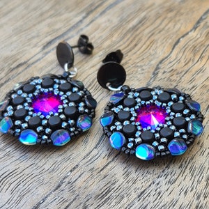 Black Plated Stainless Steel Shiny Earrings with Stud Setting | Purple & Black