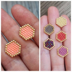 Beaded Hexagon Stud Earrings | Stainless Steel Studs | Miyuki Delica | Color Variations