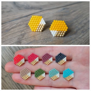 Beaded Hexagon Stud Earrings | Stainless Steel Studs | Miyuki Delica | Color Variations