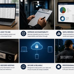 May include: Image showcasing security-related tools and information. Includes a laptop displaying a security log, a binder labeled "SECURITY LOG", and a security guard. Text highlights features like data-driven insights and secure data.