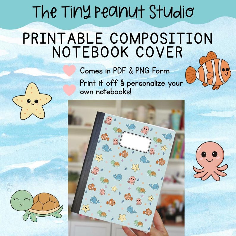 Printable Kawaii Ocean Animals Notebook Cover PNG/PDF – Hand Drawn ...