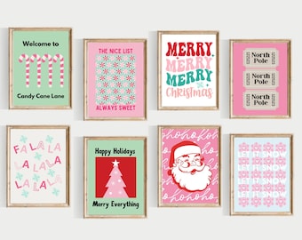 Pink Christmas Prints Set, Holiday Wall Art (Digital Download)