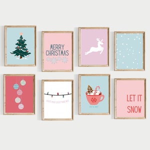 pink sweet christmas wall art gallery, PRINTABLE, colorful christmas prints, cute christmas art, pink and blue christmas wall art image 1