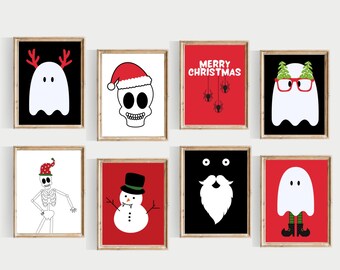 May include: Eight printable Christmas-themed illustrations featuring a ghost, a skeleton, a snowman, a Santa skull, a bearded man, a ghost with glasses, a ghost with a reindeer headband, and the text "Merry Christmas".