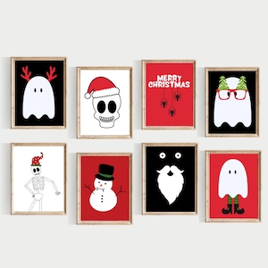 spooky fun christmas set, PRINTABLE, red and black christmas prints, scary christmas, skeleton christmas set