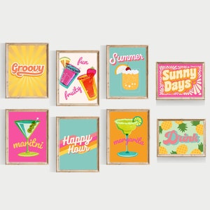 retro summer bar printables, PRINTABLE, colorful bar printable set, colorful bar wall art, summer wall art, bar cart decor