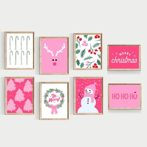 pink christmas set, PRINTABLE, pink christmas wall art, cute christmas prints, christmas printables image 1