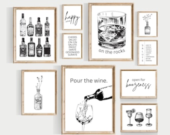 Black and White Bar Art Prints, Bar Cart Decor (Digital Download)