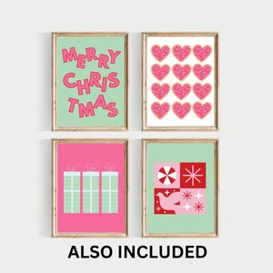 May include: Set of four printable Christmas art prints featuring a green background with pink text that says "Merry Chris Tmas", a green background with pink hearts, a pink background with three green gift boxes, and a green background with a red and white candy cane, a red snowflake, and a white dove.