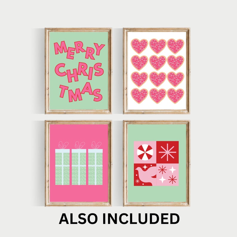 May include: Set of four printable Christmas art prints featuring a green background with pink text that says "Merry Chris Tmas", a green background with pink hearts, a pink background with three green gift boxes, and a green background with a red and white candy cane, a red snowflake, and a white dove.