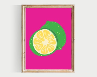 lime print, colorful kitchen print, PRINTABLE, lime printable art, tropical fruit print, fruit wall art, pink kitchen print