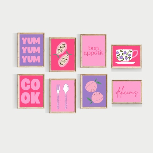 Pink Kitchen Gallery Set PRINTABLE Kitchen Prints Colorful Etsy