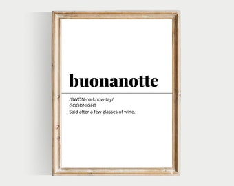 May include: A printable wall art design featuring the Italian word "buonanotte" in bold black text, meaning "goodnight". The pronunciation is given in phonetic spelling, and the text also states that it is said after a few glasses of wine.