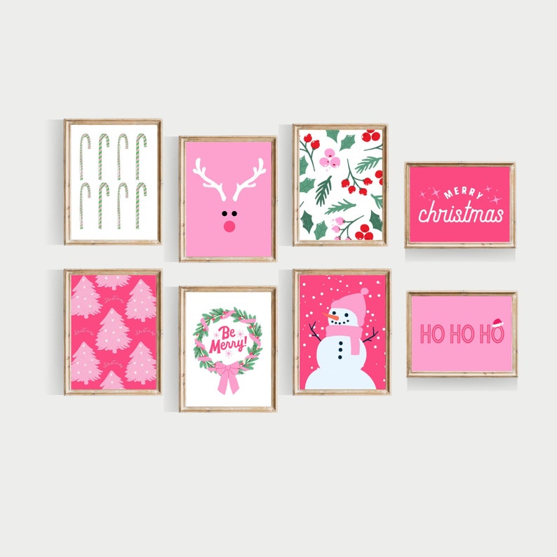 pink christmas set, PRINTABLE, pink christmas wall art, cute christmas prints, christmas printables image 1