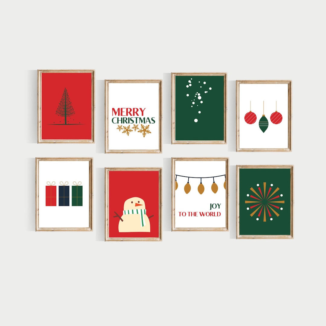 Vintage Christmas Set, PRINTABLE, Merry Christmas Gallery Wall Art, Red