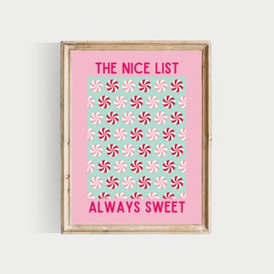May include: A pink framed print with the text "THE NICE LIST ALWAYS SWEET" in white letters. The background is a light blue pattern of red and white peppermint candies.