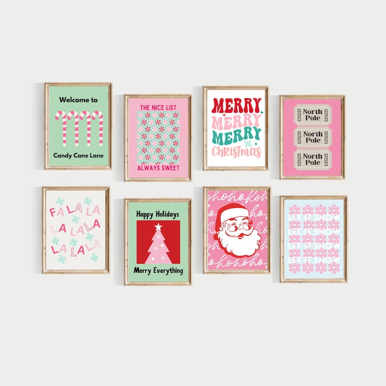 Colorful Christmas printable wall art gallery set of 20 prints includes pink, light green and light blue colors.