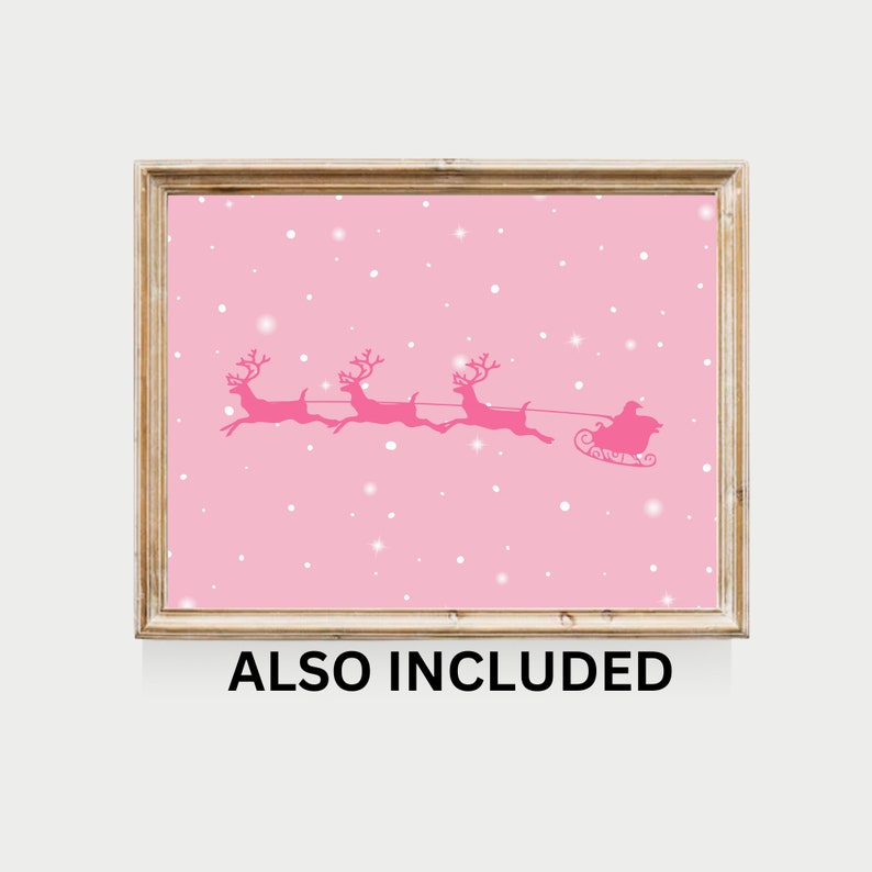May include: Pink Christmas print featuring a silhouette of Santa Claus in a sleigh pulled by reindeer flying through a snowy sky.