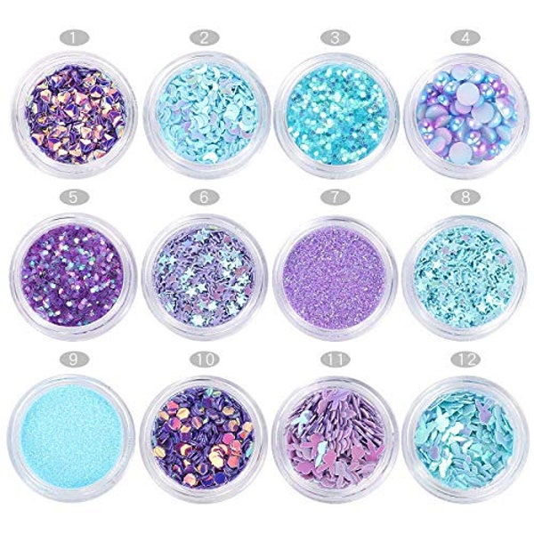 Assorted Confetti Glitter Powder Pearl Iridescent Purple and Blue Color Star Moon Diamond Bunny Sequins, Great for Epoxy, Nail Art or Crafts