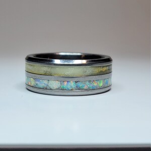 Tungsten Double Channel Ring Opal Diamond Dust UV Glow