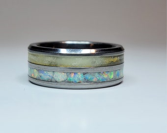 Tungsten Double Channel Ring Opal Diamond Dust UV Glow