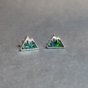 Puede incluir: Un par de pendientes triangulares de plata con purpurina verde y azul iridiscente en el interior.