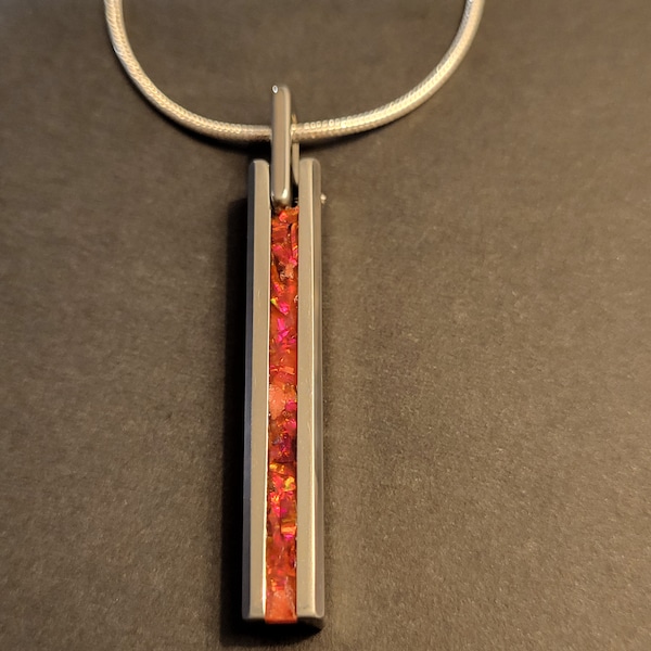 Tungsten Pendant Red Fire Opal, Sterling Silver Chain